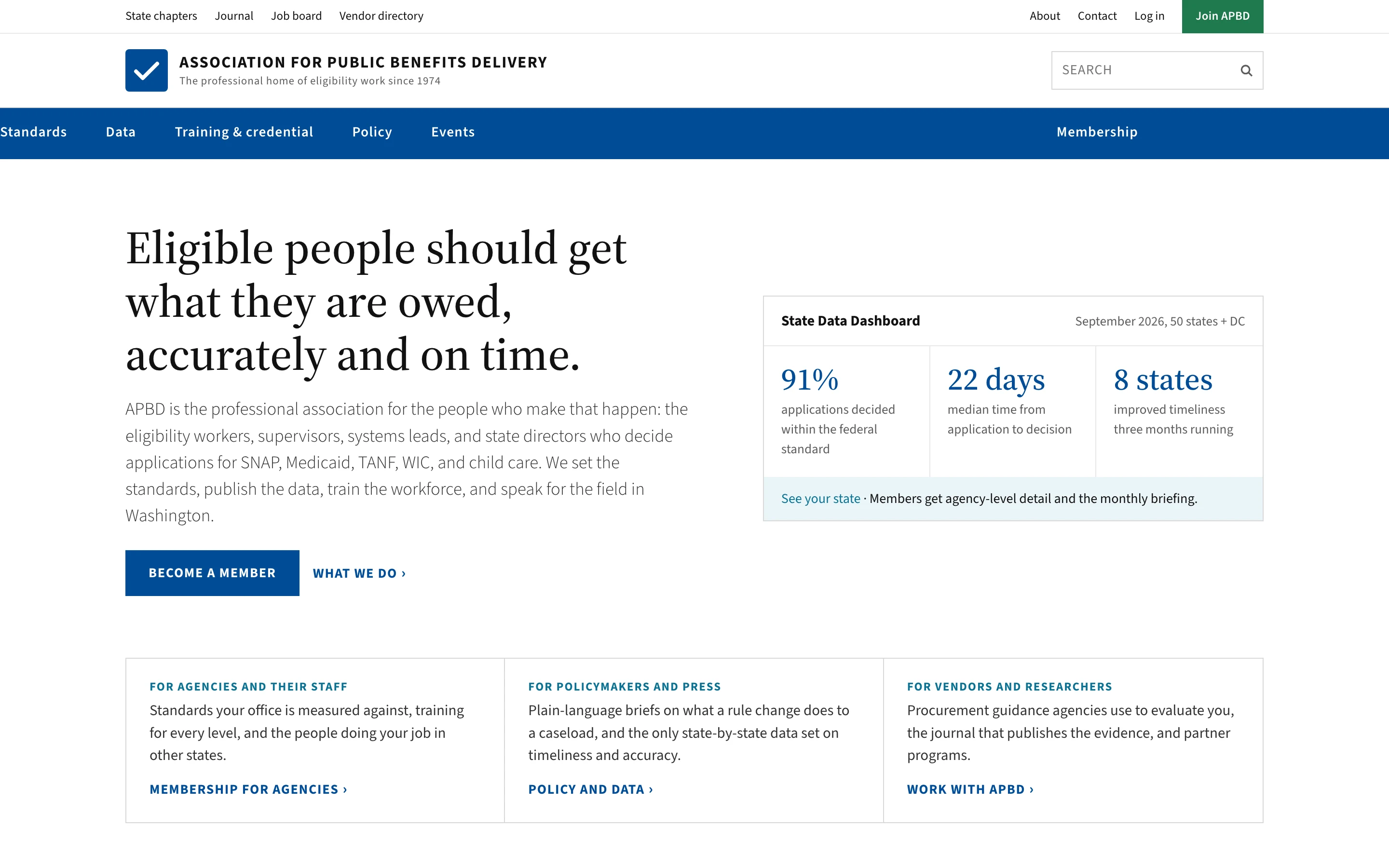 The association website template homepage: the headline “Eligible people should get what they are owed, accurately and on time” beside a State Data Dashboard panel