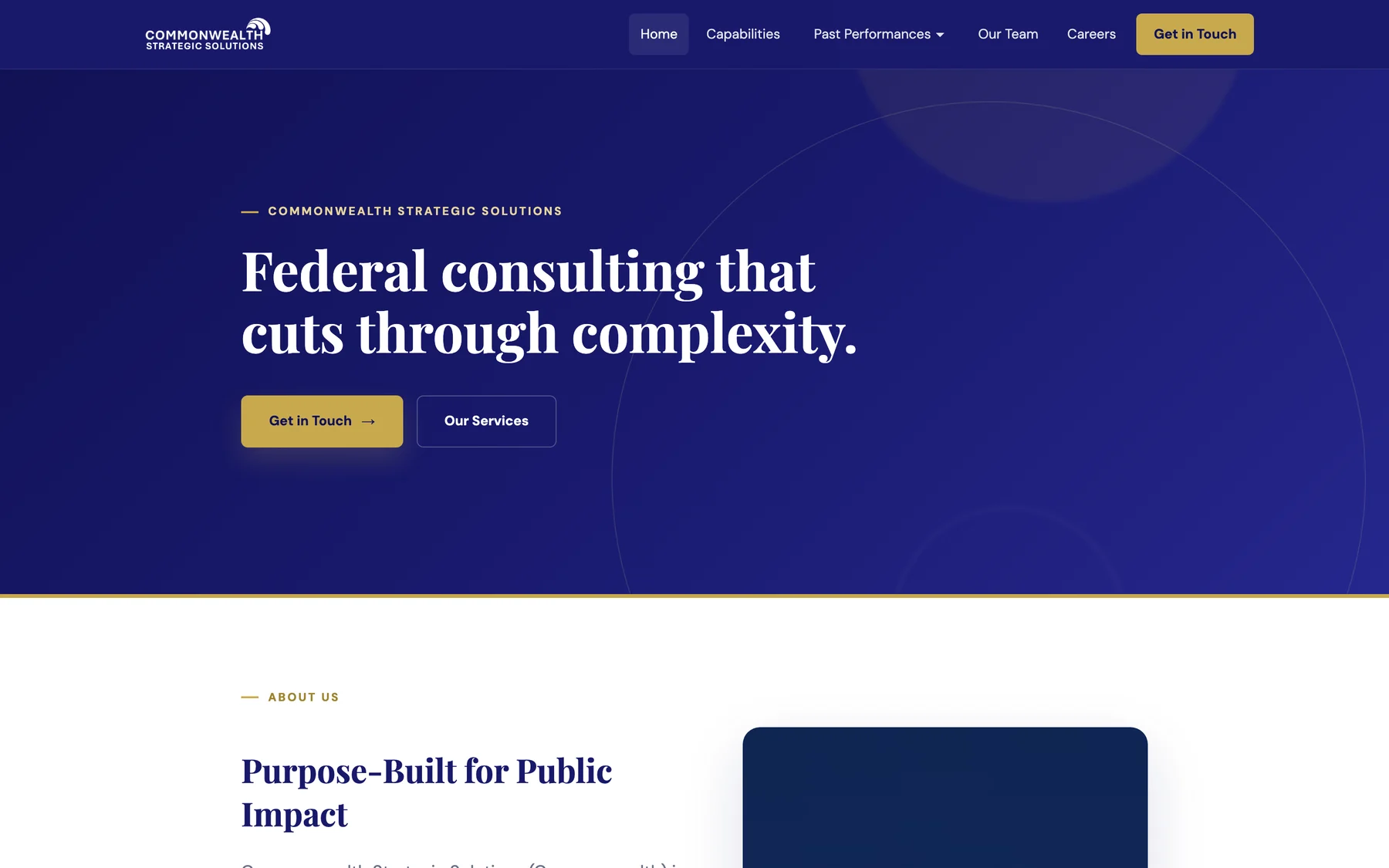 The rebuilt Commonwealth Strategic Solutions homepage: a navy page with the headline “Federal consulting that cuts through complexity.”