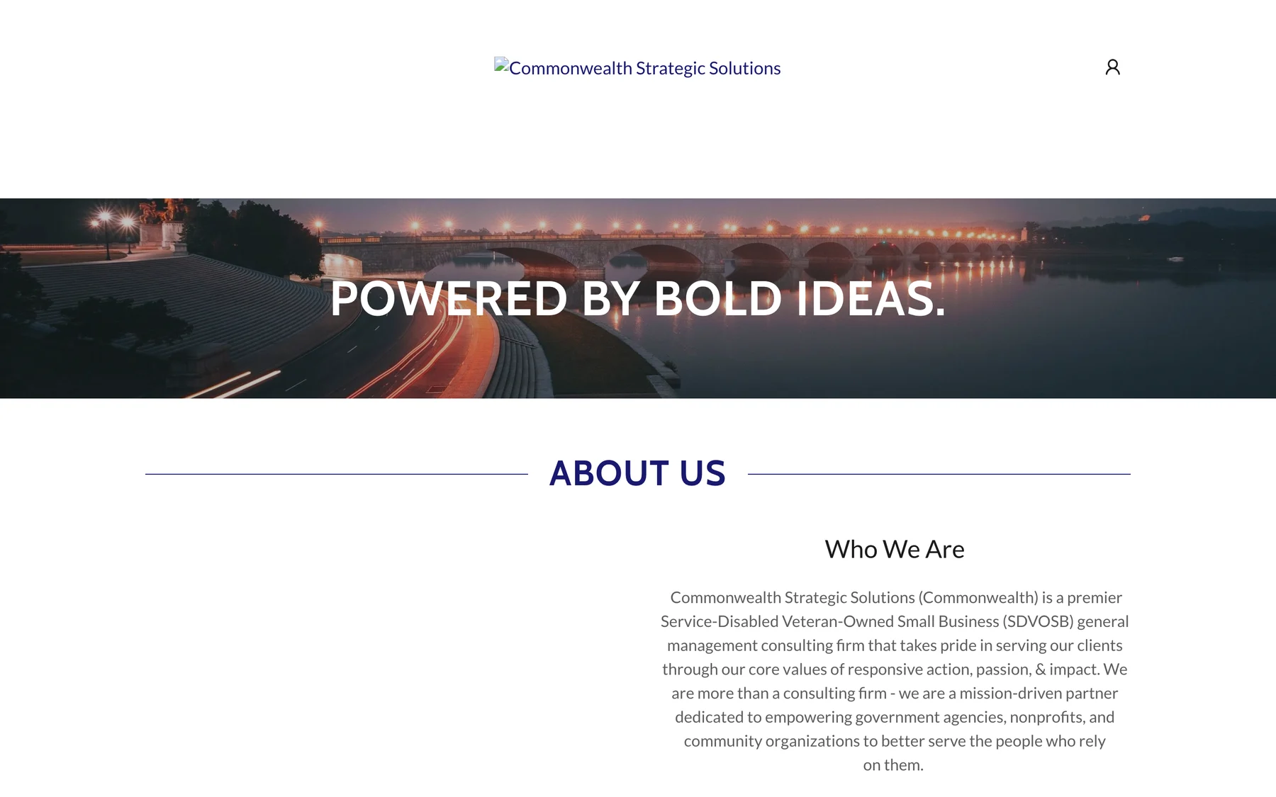 The old Commonwealth homepage: a stock photo of a bridge at night with the headline “Powered by bold ideas.”