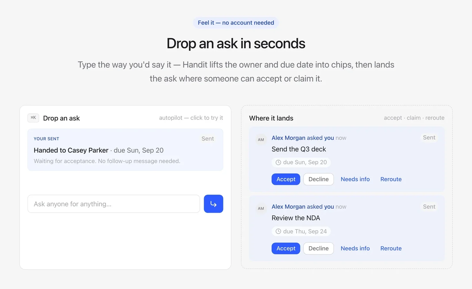 Handit’s drop screen, where a request is typed in one line and routed to an owner