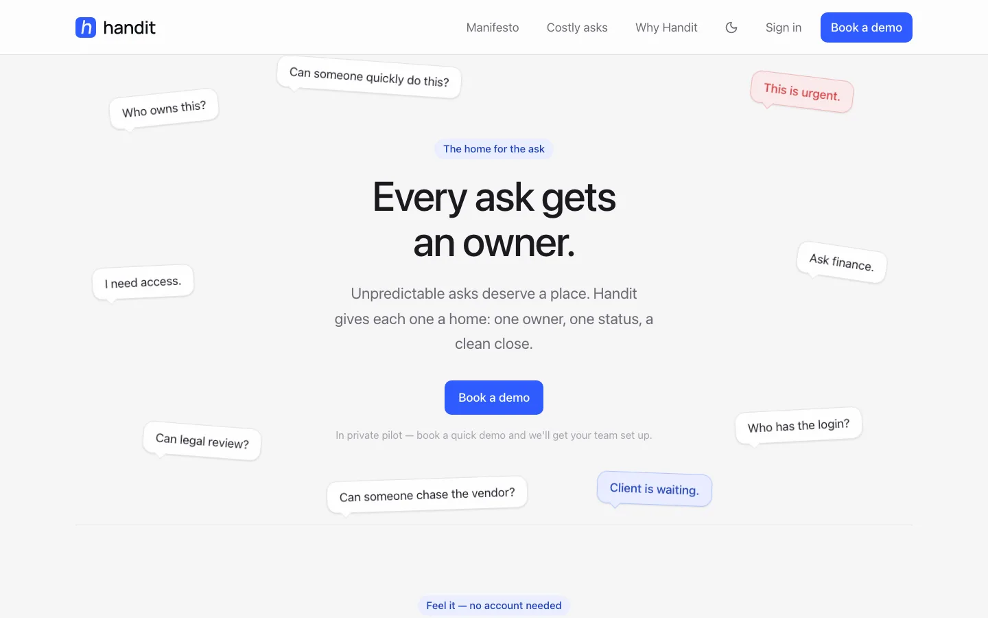The handit.to homepage: “Every ask gets an owner.”