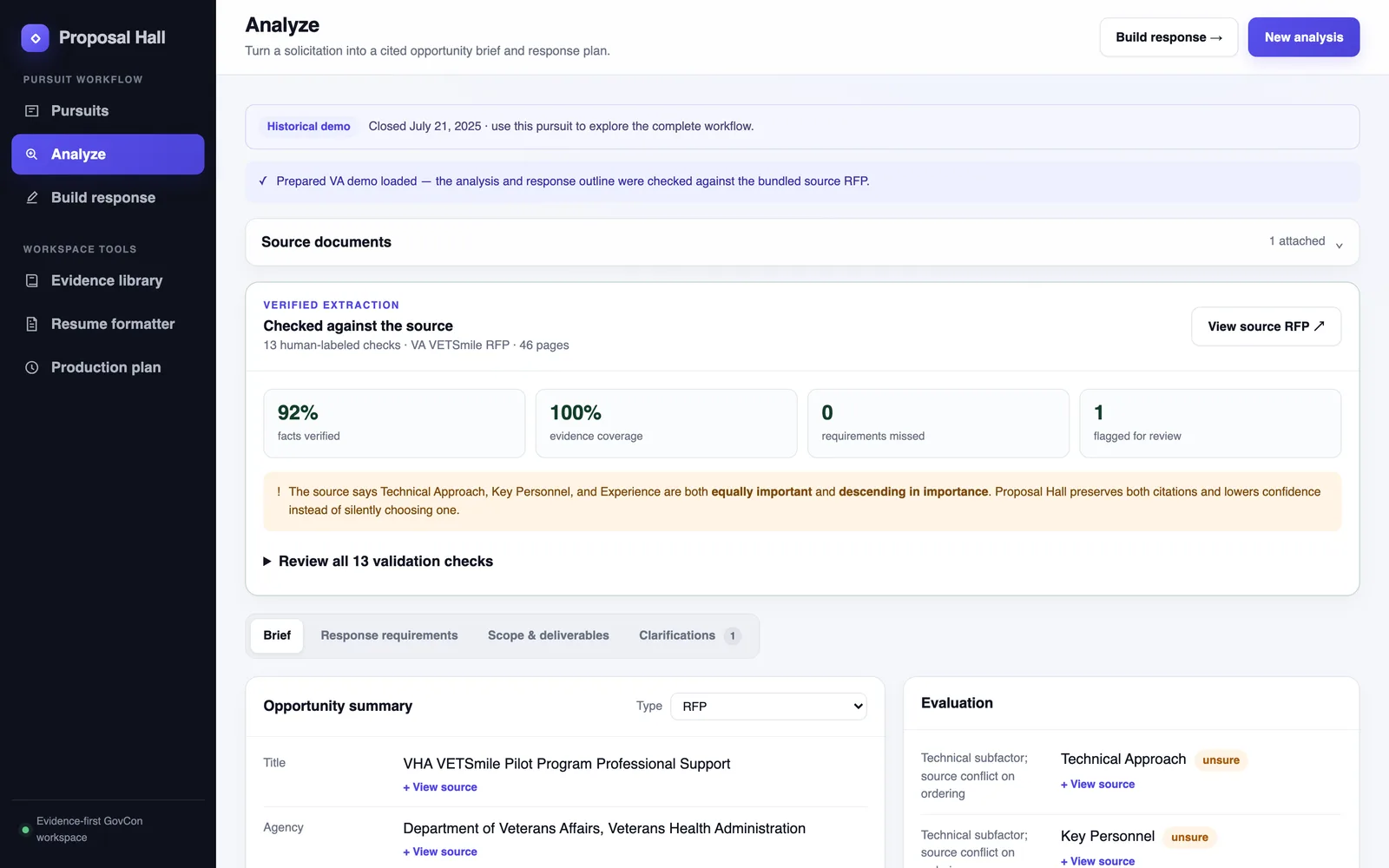Proposal Hall’s analysis screen, listing solicitation requirements linked to their source passages
