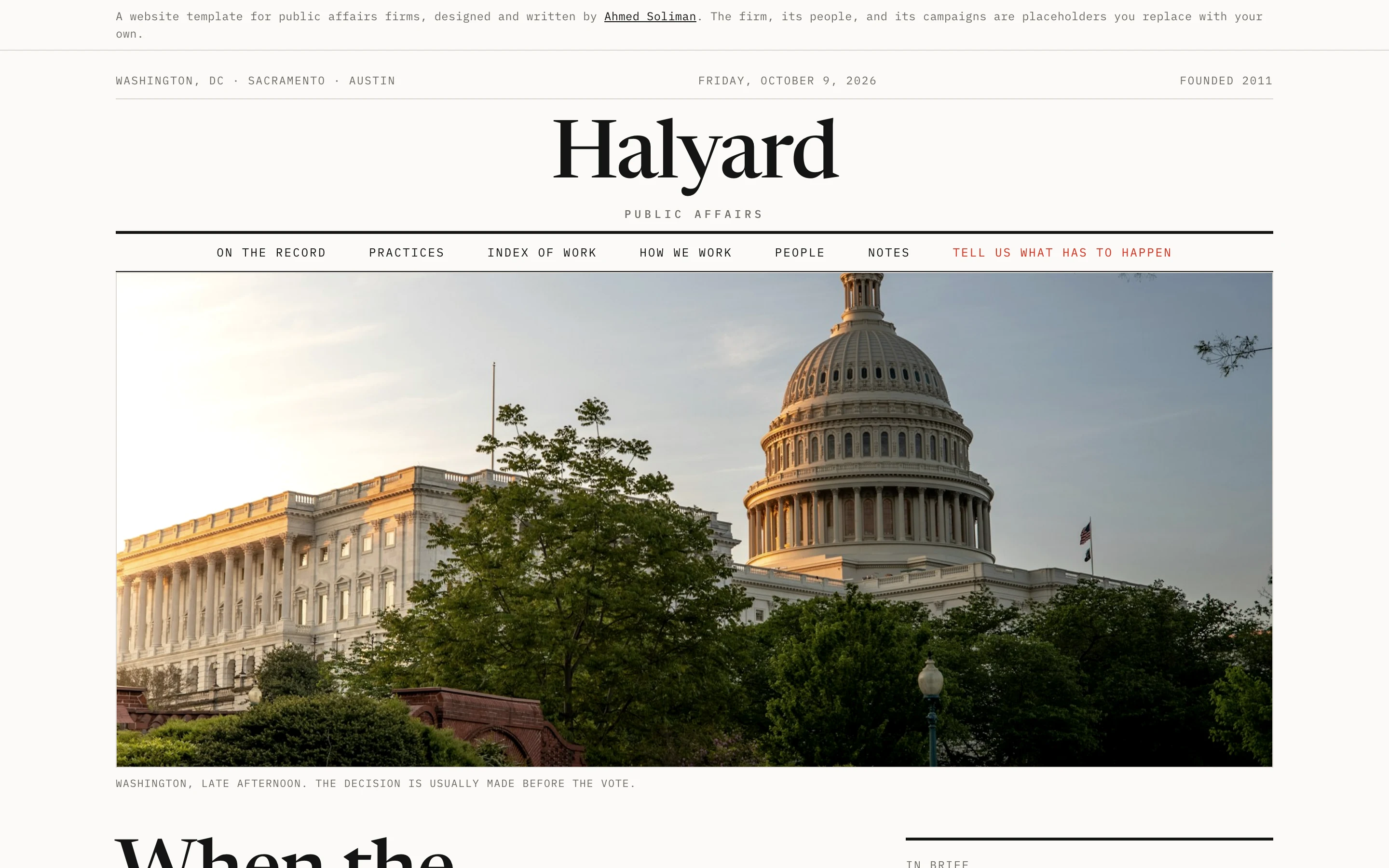The public affairs firm website template homepage, set like a front page: a centered Halyard masthead, a ruled nav, and a photograph of the Capitol at golden hour